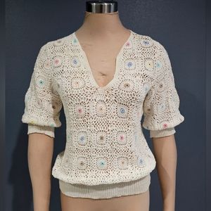 Vintage KYOUKO Square Crochet Patchwork Knit Short Sleeve Sweater M